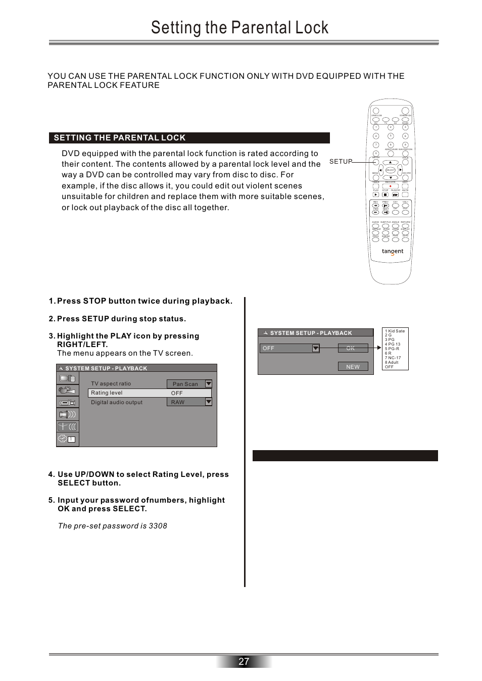 Setting the parental lock, Setup | Tangent Audio DVR-500 User Manual | Page 29 / 40
