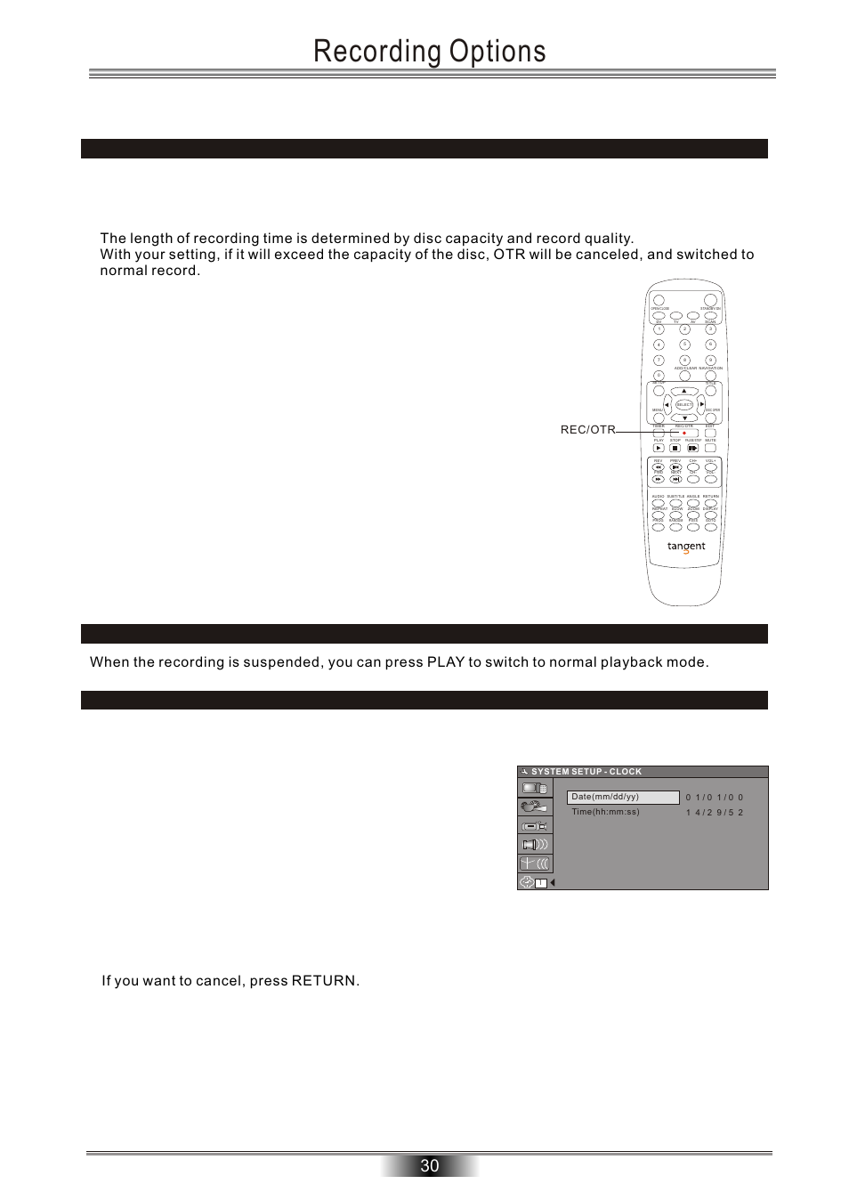 Recording options, One-touch record clock setup, Rec/otr | Tangent Audio DVR-500 User Manual | Page 32 / 40