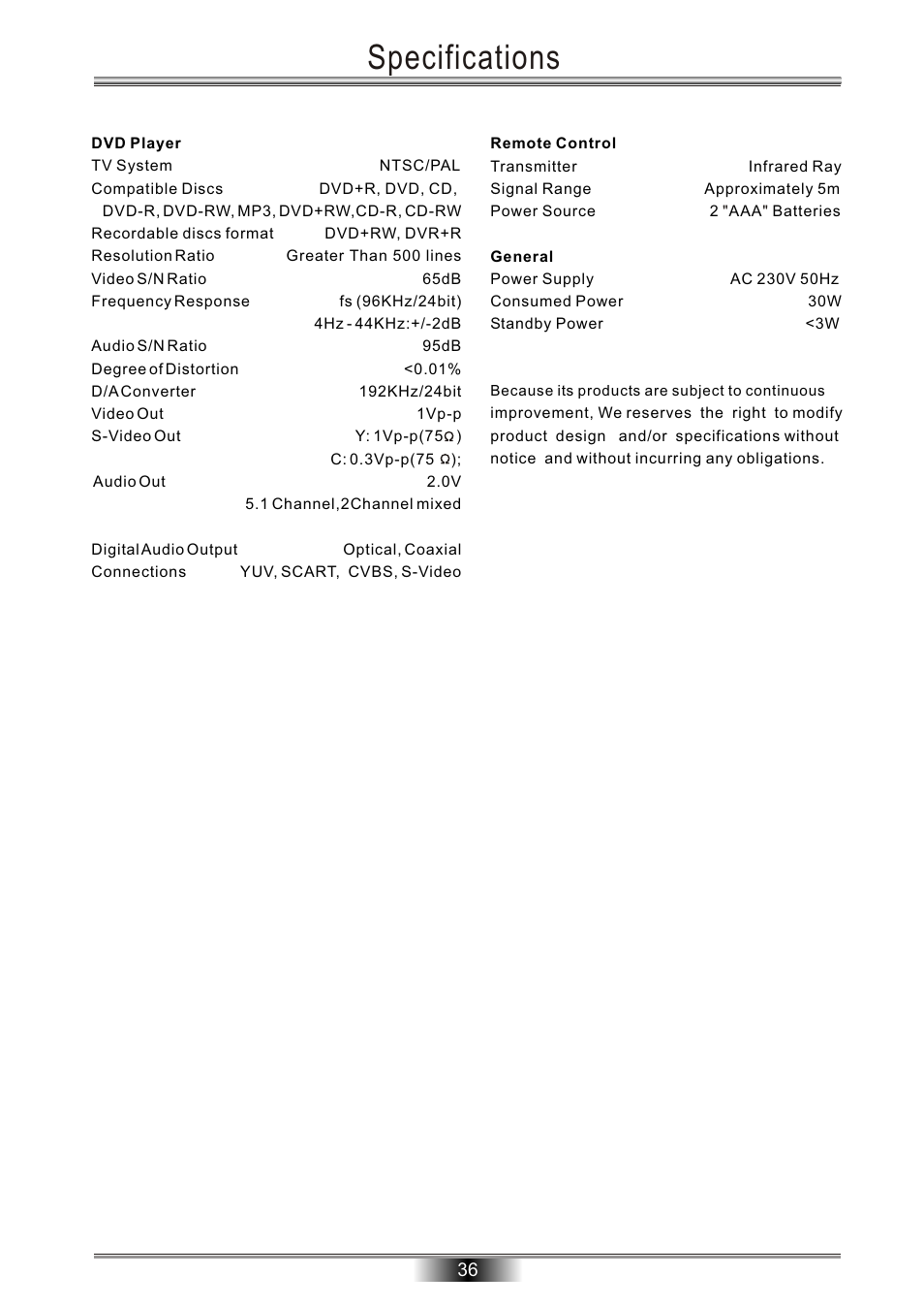 Specifications | Tangent Audio DVR-500 User Manual | Page 38 / 40