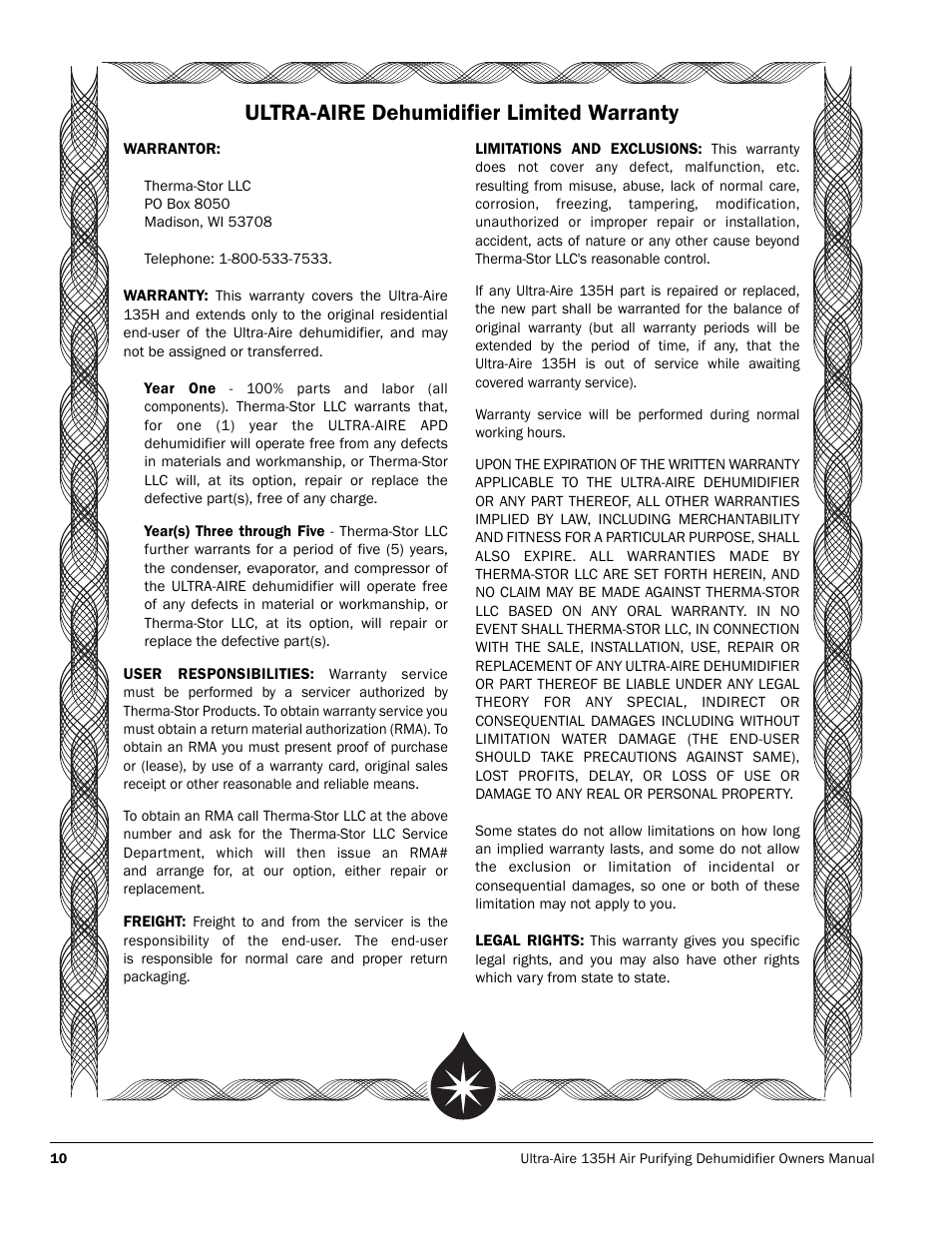 Ultra-aire dehumidifier limited warranty | Therma-Stor Products Group FOCUS 135H User Manual | Page 10 / 12