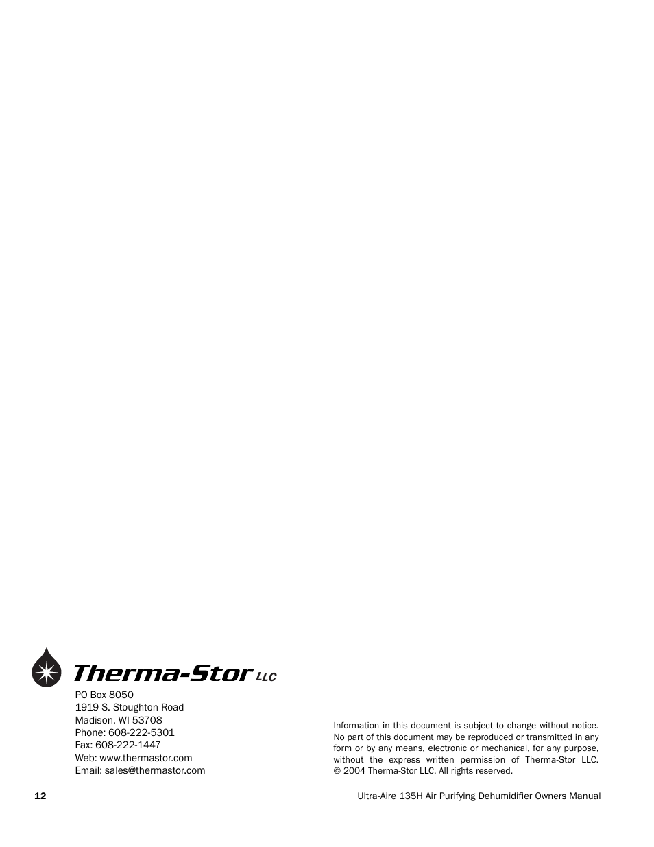 Therma-Stor Products Group FOCUS 135H User Manual | Page 12 / 12