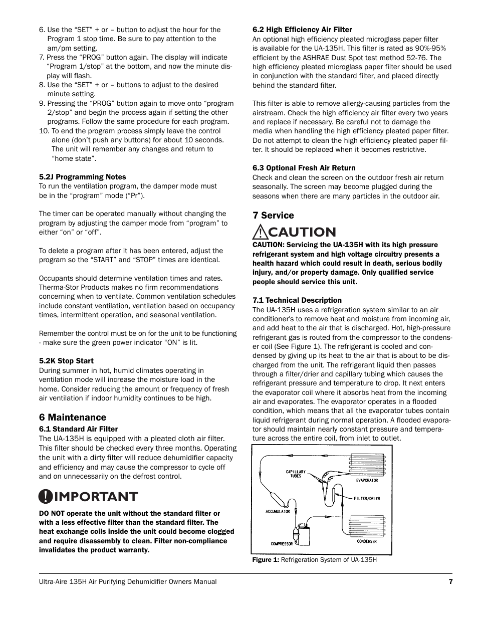 Caution, Important, 6 maintenance | 7 service | Therma-Stor Products Group FOCUS 135H User Manual | Page 7 / 12