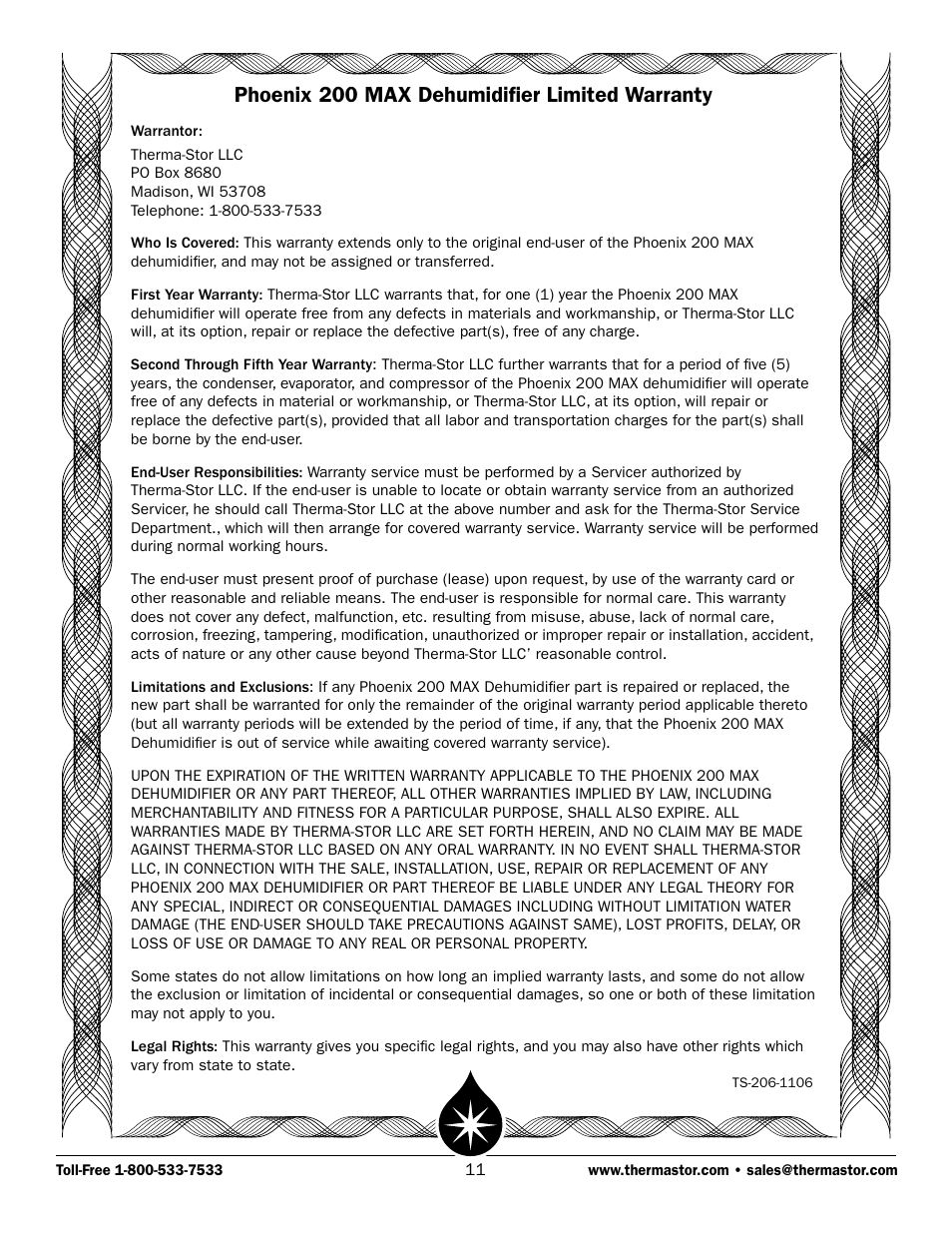 Phoenix 200 max dehumidifier limited warranty | Therma-Stor Products Group 200 MAX User Manual | Page 11 / 11