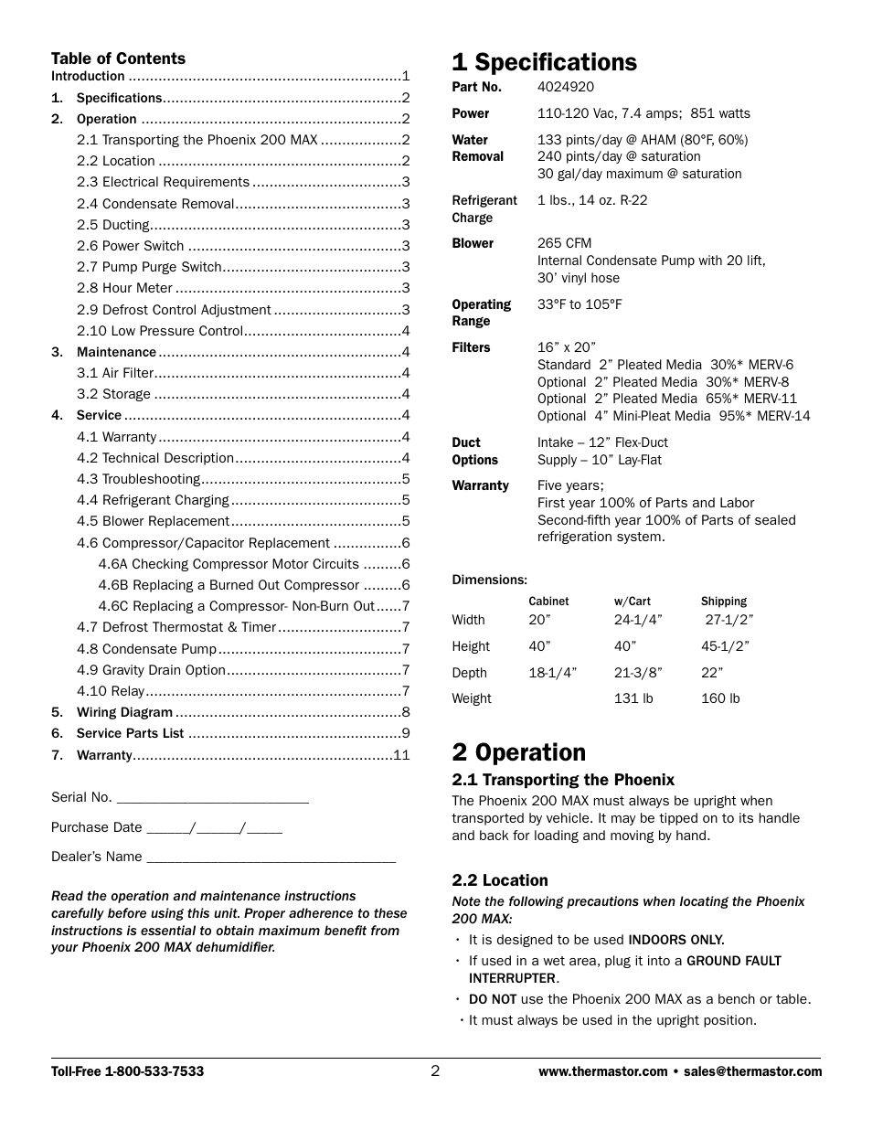 1 specifications, 2 operation | Therma-Stor Products Group 200 MAX User Manual | Page 2 / 11