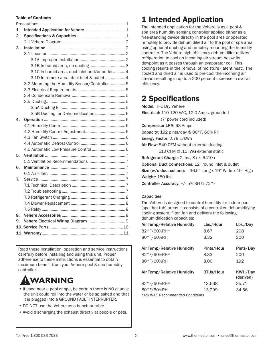 1 intended application, 2 specifications | Therma-Stor Products Group HI-E Dry Vehere User Manual | Page 2 / 11