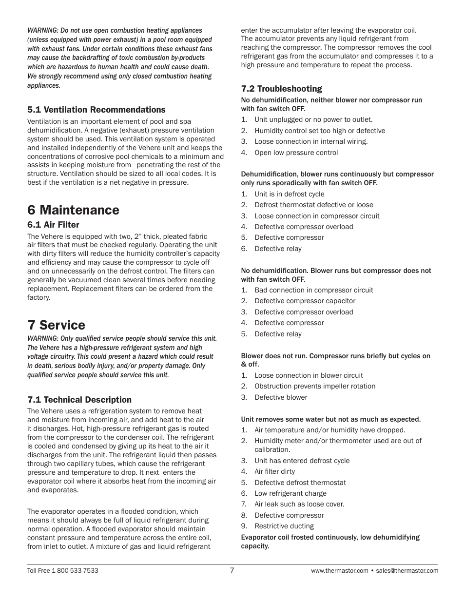 6 maintenance, 7 service | Therma-Stor Products Group HI-E Dry Vehere User Manual | Page 7 / 11