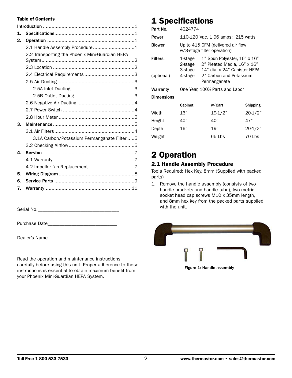 1 specifications, 2 operation | Therma-Stor Products Group TS-261B User Manual | Page 2 / 11