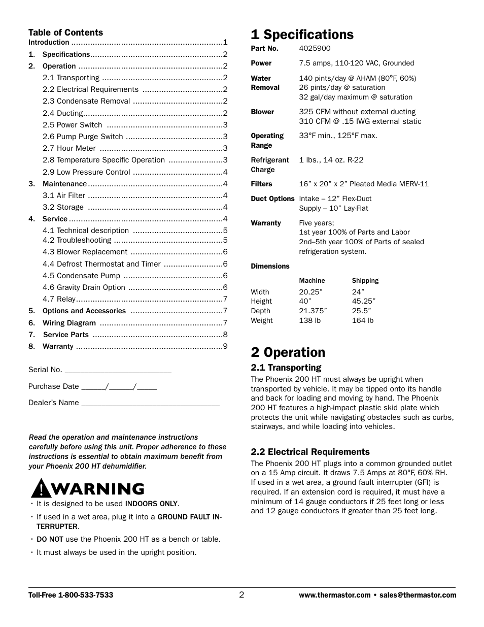 1 specifications, 2 operation | Therma-Stor Products Group Phoenix 200 HT User Manual | Page 2 / 9