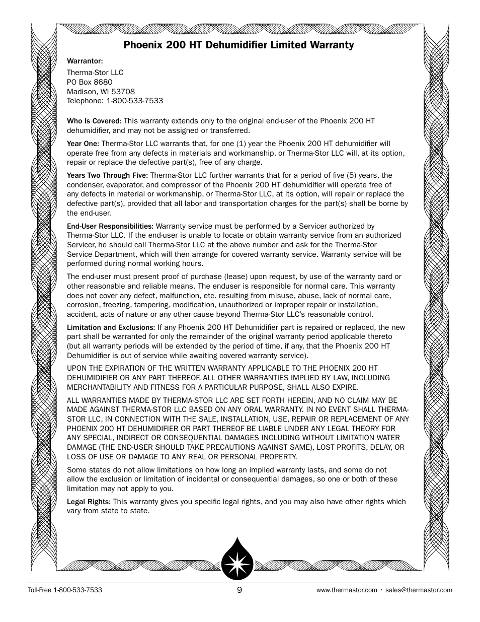 Phoenix 200 ht dehumidifier limited warranty | Therma-Stor Products Group Phoenix 200 HT User Manual | Page 9 / 9