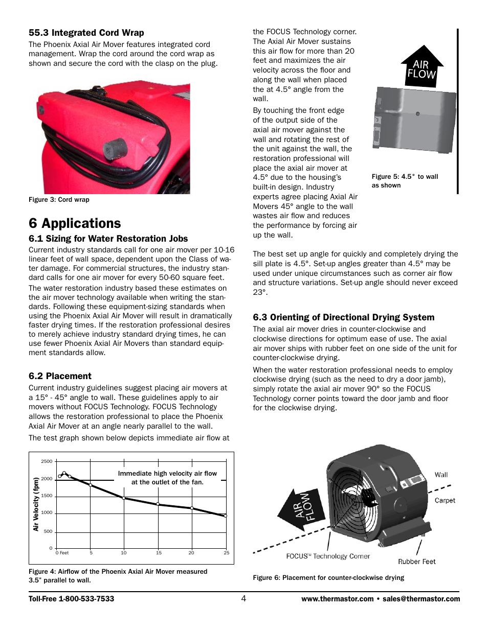 6 applications, 3 integrated cord wrap, 3 orienting of directional drying system | 1 sizing for water restoration jobs, 2 placement | Therma-Stor Products Group TS-285 User Manual | Page 4 / 9