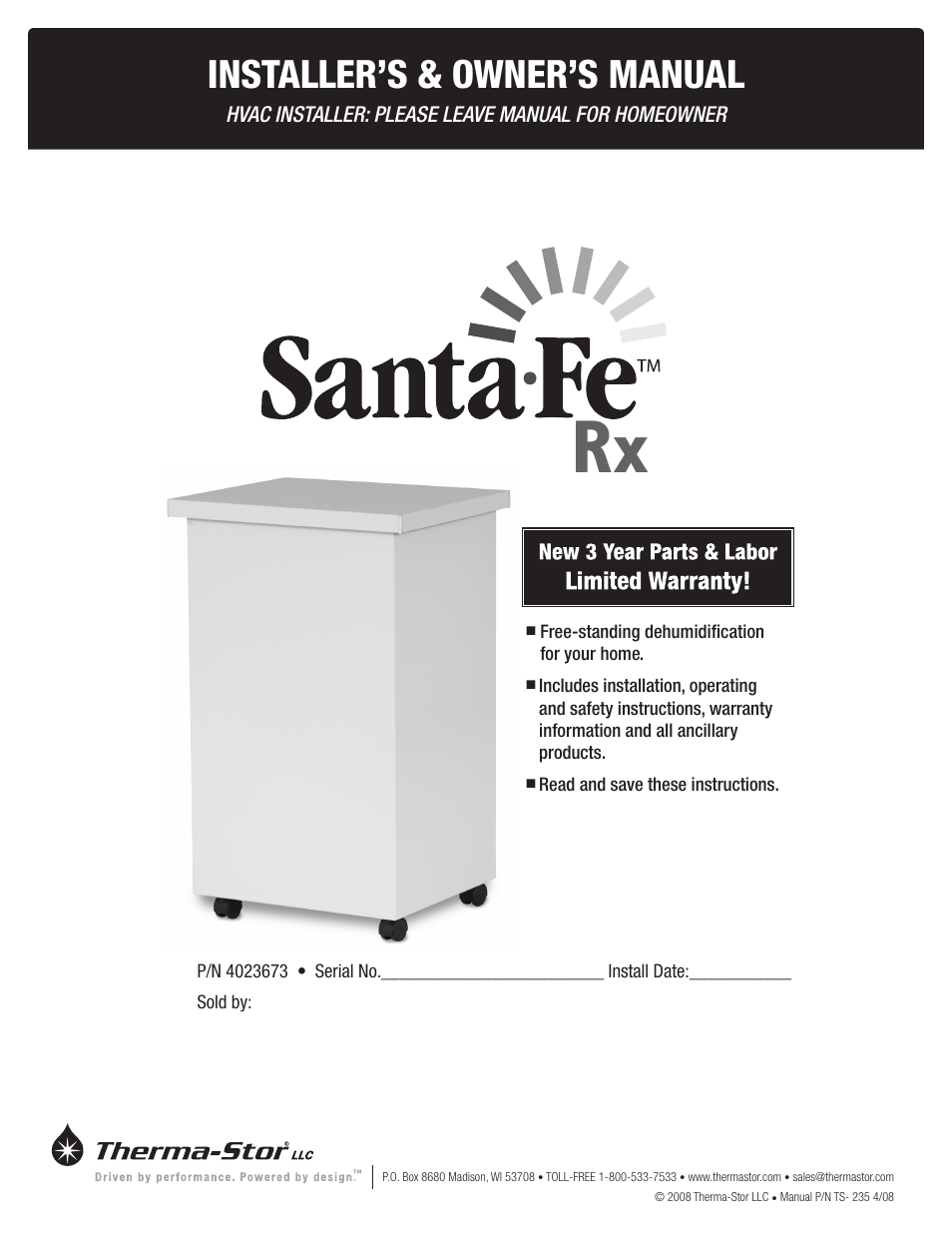 Therma-Stor Products Group Santa-Fe Rx Free-Standing Dehumidification User Manual | 12 pages