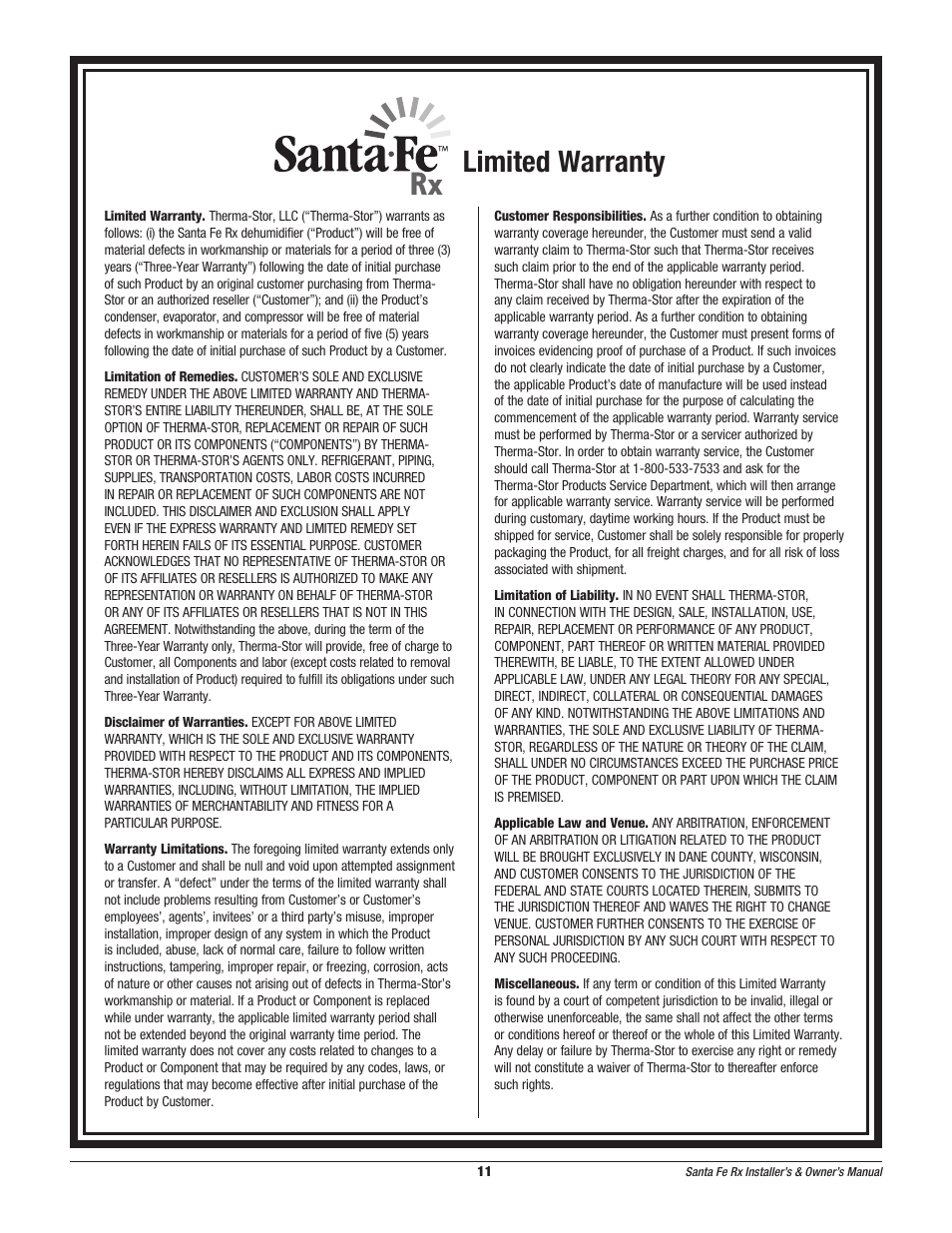 Limited warranty | Therma-Stor Products Group Santa-Fe Rx Free-Standing Dehumidification User Manual | Page 11 / 12