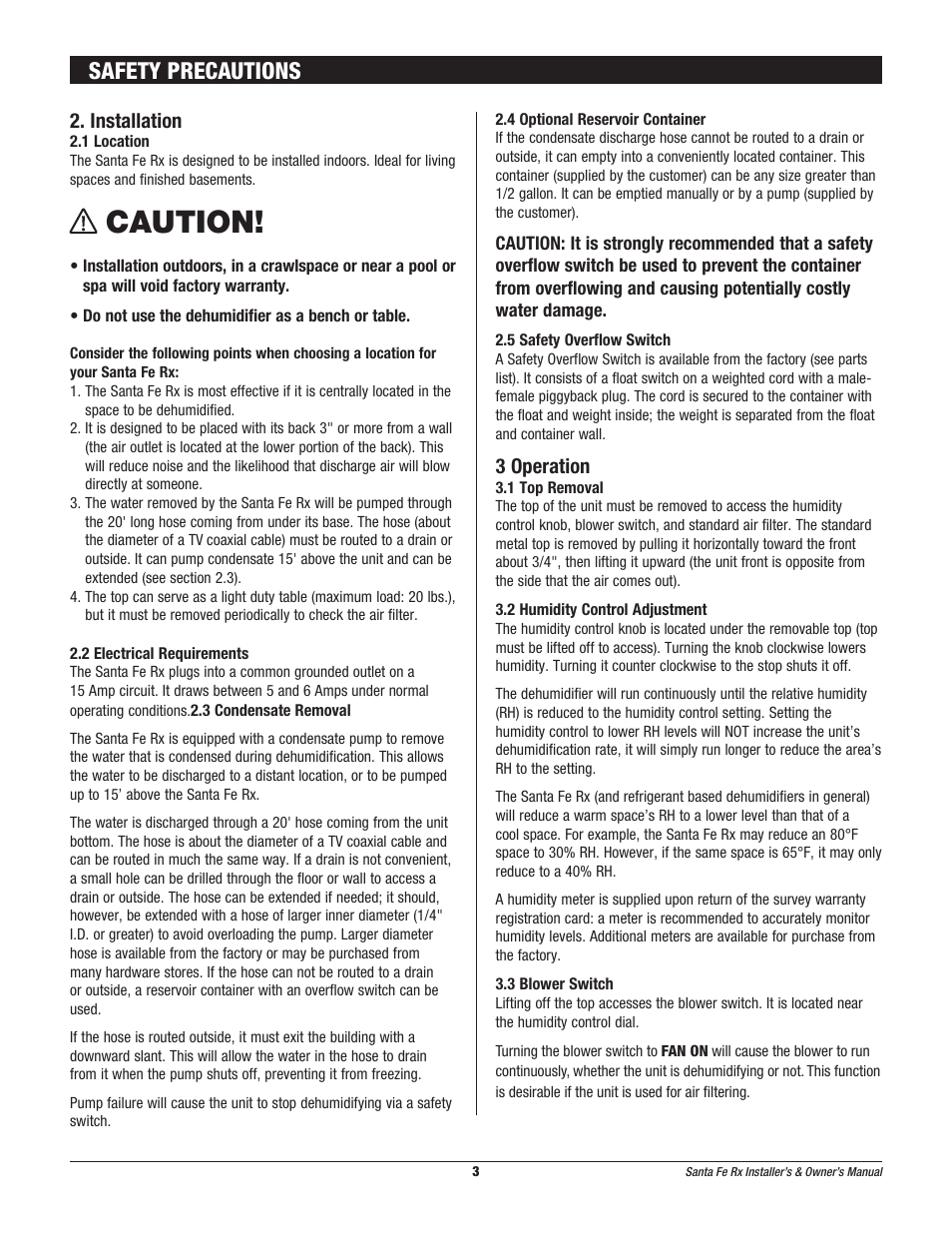 Caution, Safety precautions, Installation | 3 operation | Therma-Stor Products Group Santa-Fe Rx Free-Standing Dehumidification User Manual | Page 3 / 12