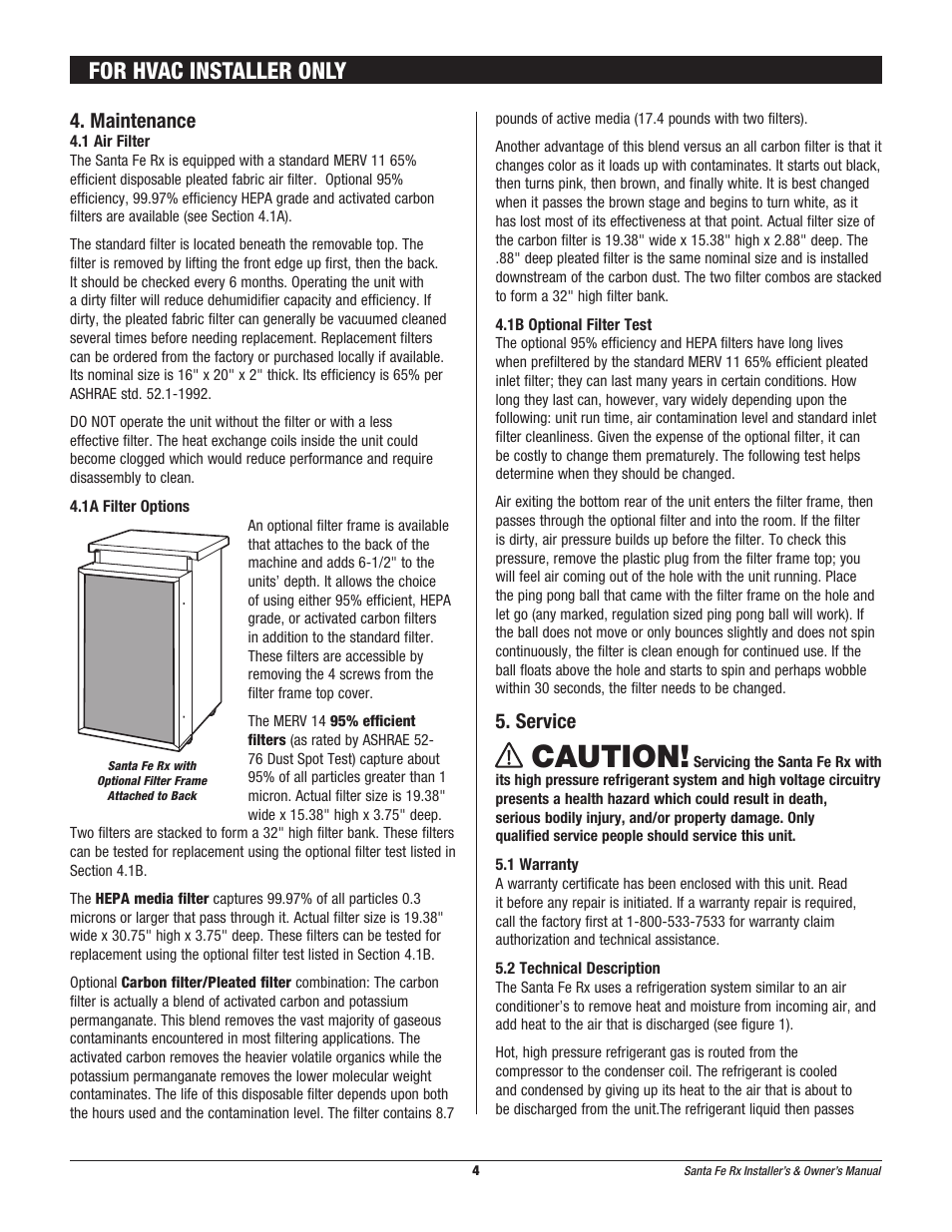Caution, For hvac installer only, Maintenance | Service | Therma-Stor Products Group Santa-Fe Rx Free-Standing Dehumidification User Manual | Page 4 / 12