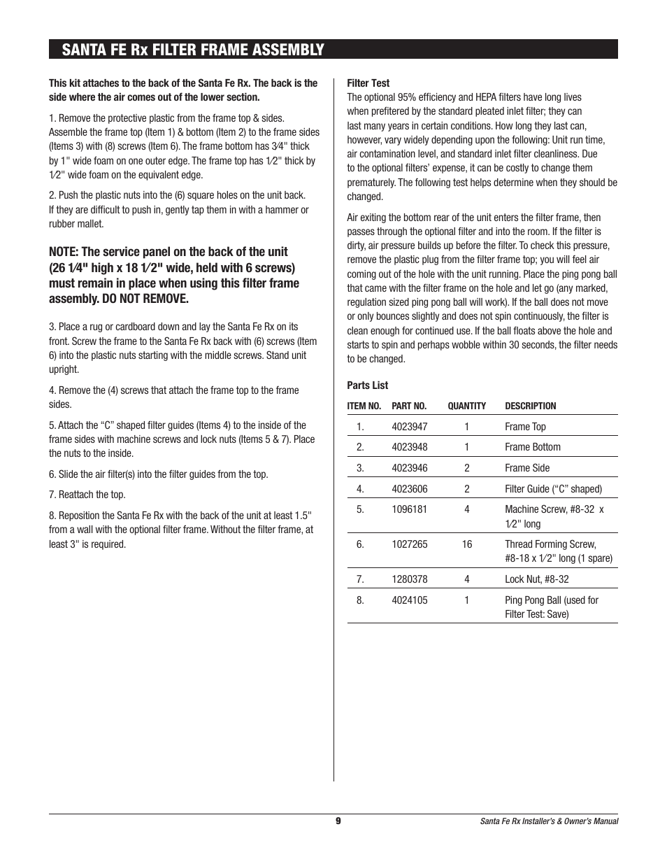 Santa fe rx filter frame assembly | Therma-Stor Products Group Santa-Fe Rx Free-Standing Dehumidification User Manual | Page 9 / 12