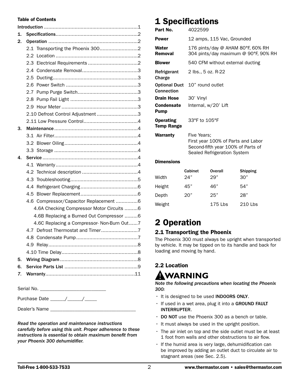 1 specifications, 2 operation | Therma-Stor Products Group 300 User Manual | Page 2 / 11