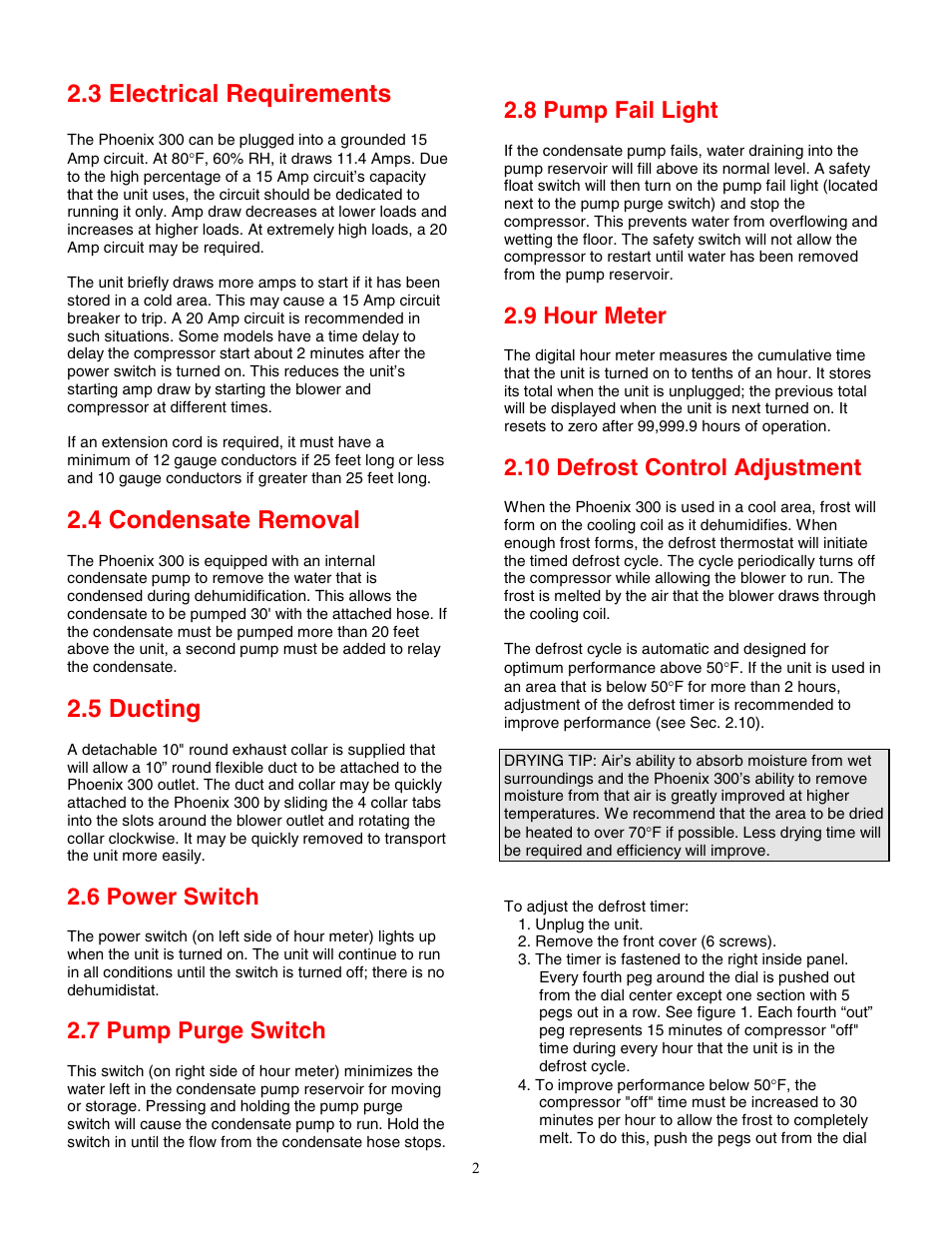 3 electrical requirements, 4 condensate removal, 5 ducting | 6 power switch, 7 pump purge switch, 8 pump fail light, 9 hour meter, 10 defrost control adjustment | Therma-Stor Products Group PHOENIX 300 User Manual | Page 2 / 10