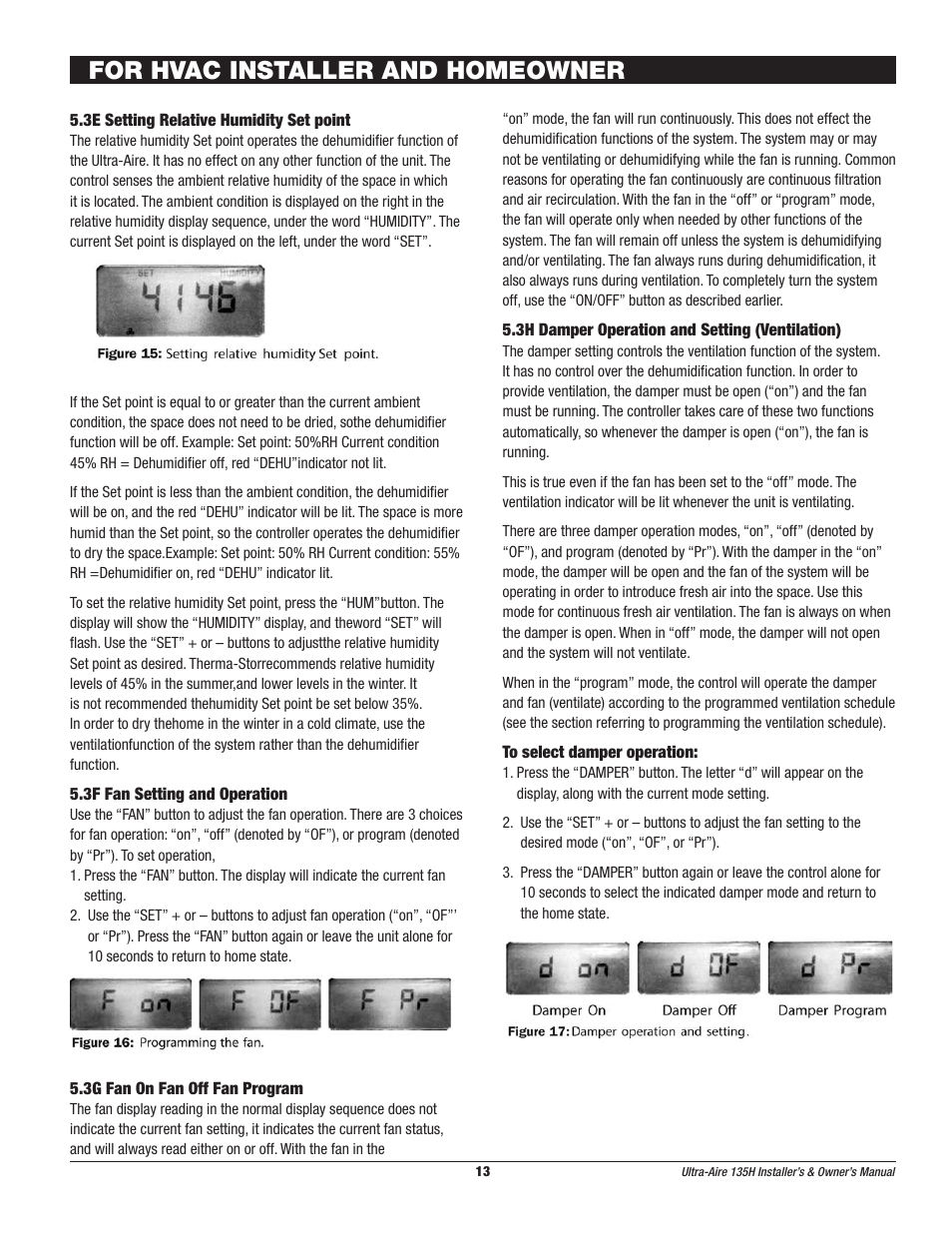 For hvac installer and homeowner | Therma-Stor Products Group UA-135H User Manual | Page 13 / 21