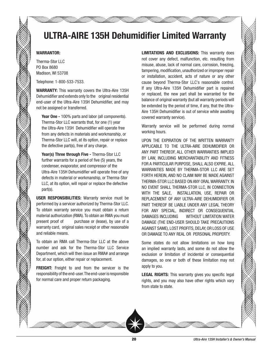 Ultra-aire 135h dehumidifier limited warranty | Therma-Stor Products Group UA-135H User Manual | Page 20 / 21