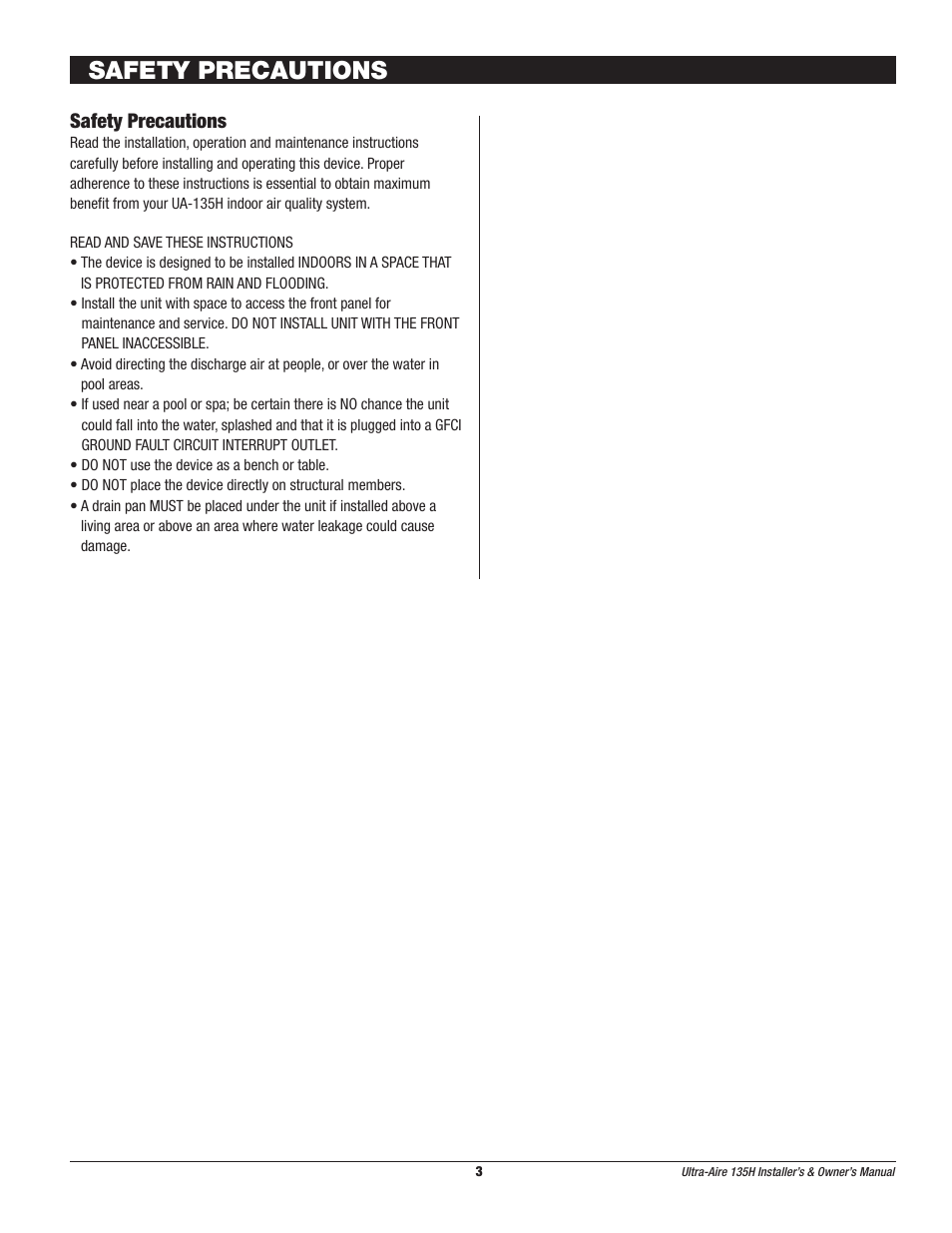 Safety precautions | Therma-Stor Products Group UA-135H User Manual | Page 3 / 21