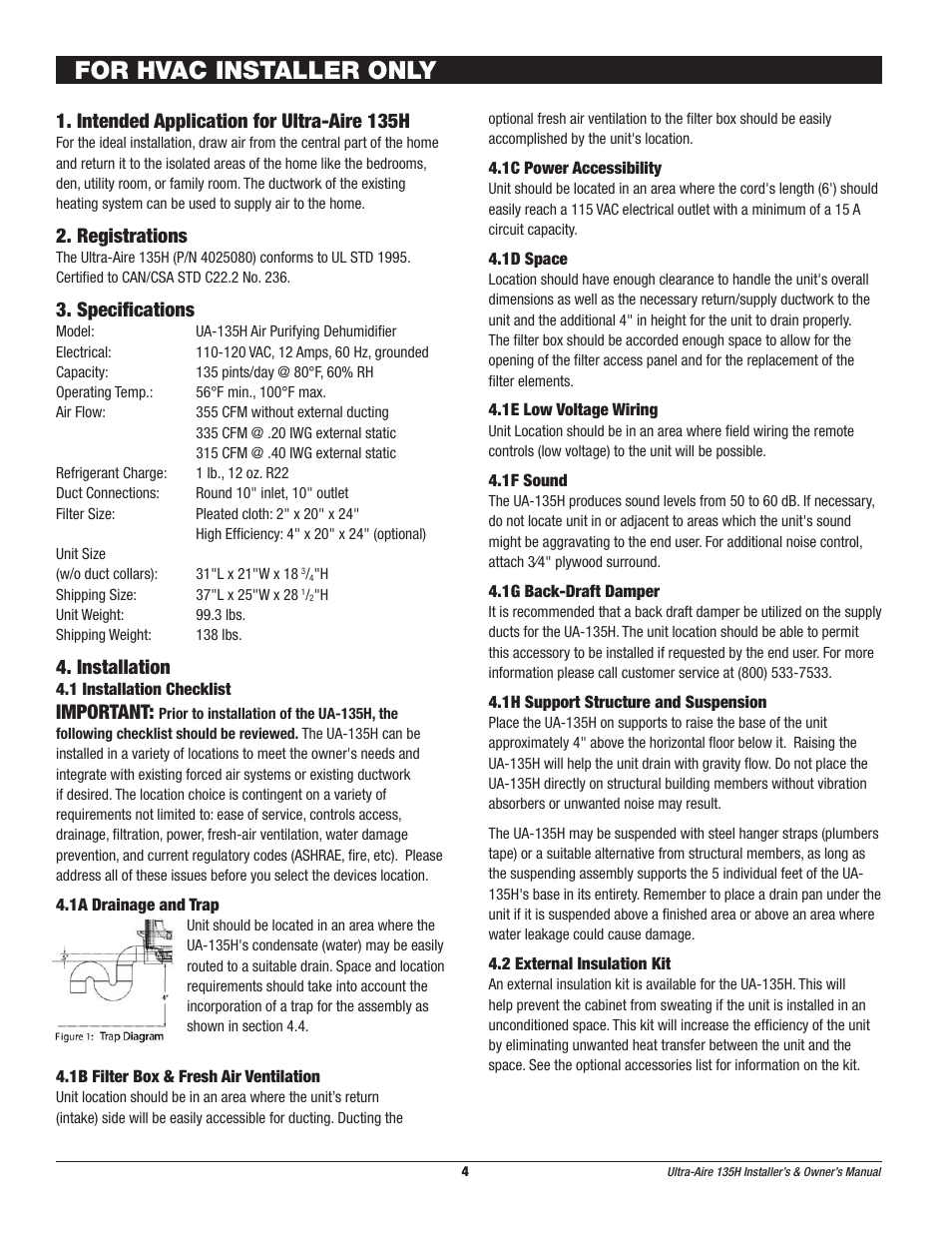 For hvac installer only, Intended application for ultra-aire 135h, Registrations | Specifications, Installation, Important | Therma-Stor Products Group UA-135H User Manual | Page 4 / 21