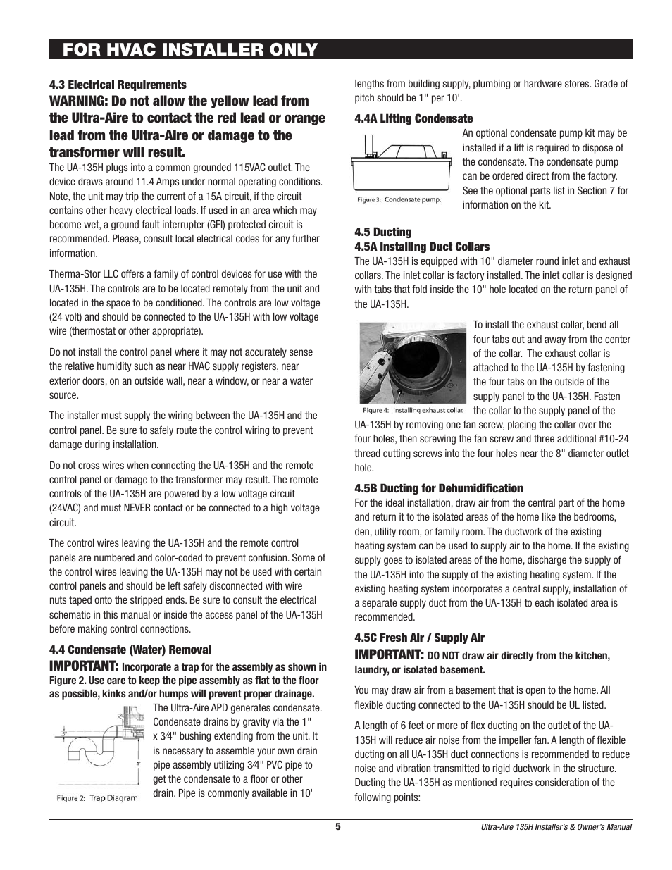 For hvac installer only, Important | Therma-Stor Products Group UA-135H User Manual | Page 5 / 21