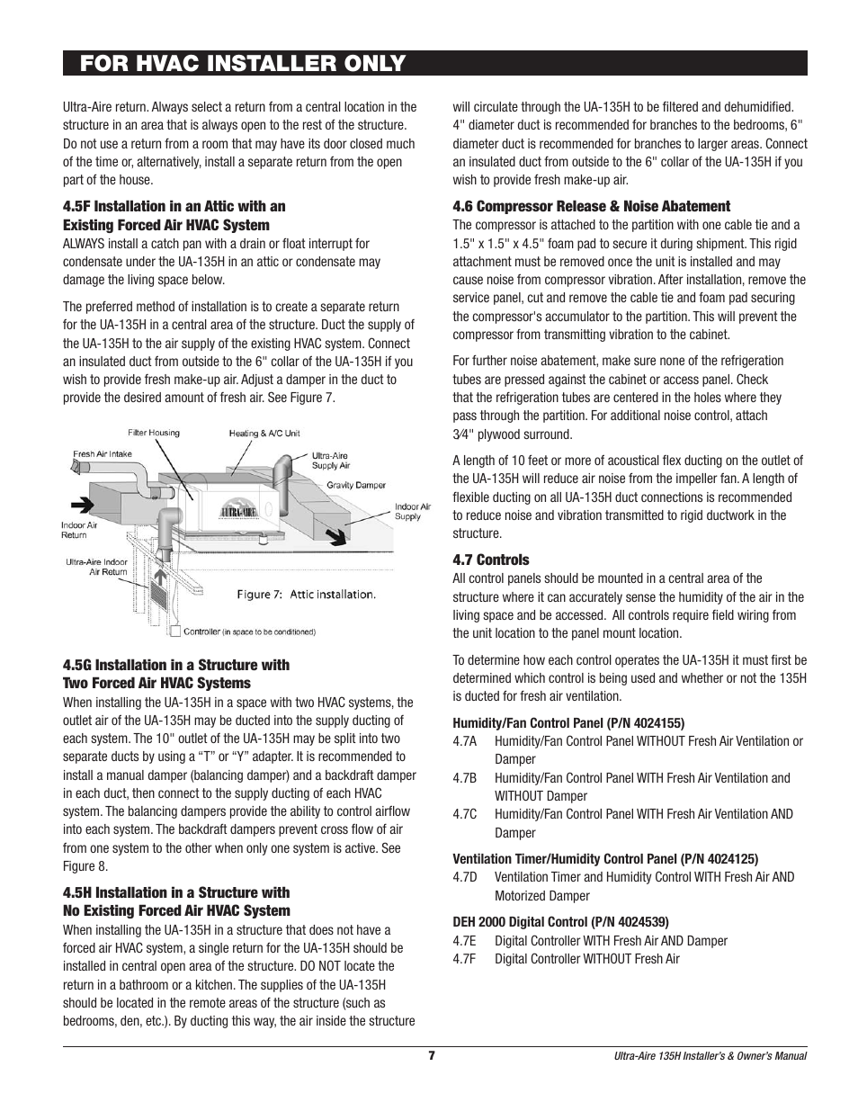 For hvac installer only | Therma-Stor Products Group UA-135H User Manual | Page 7 / 21