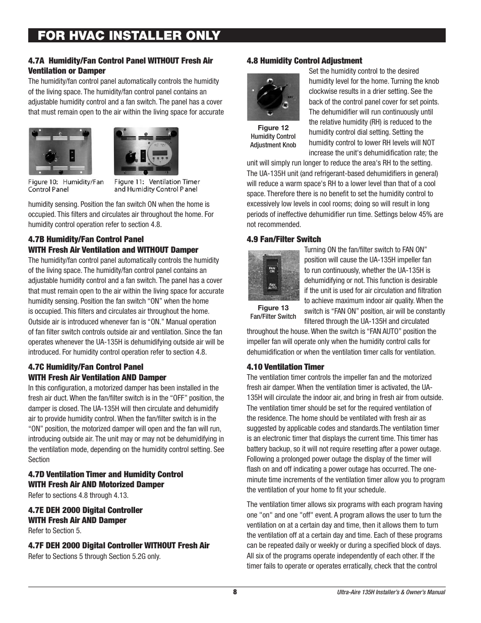 For hvac installer only | Therma-Stor Products Group UA-135H User Manual | Page 8 / 21