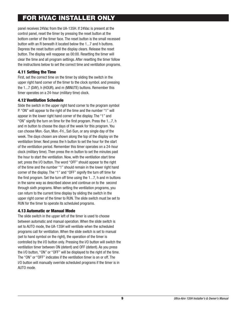 For hvac installer only | Therma-Stor Products Group UA-135H User Manual | Page 9 / 21