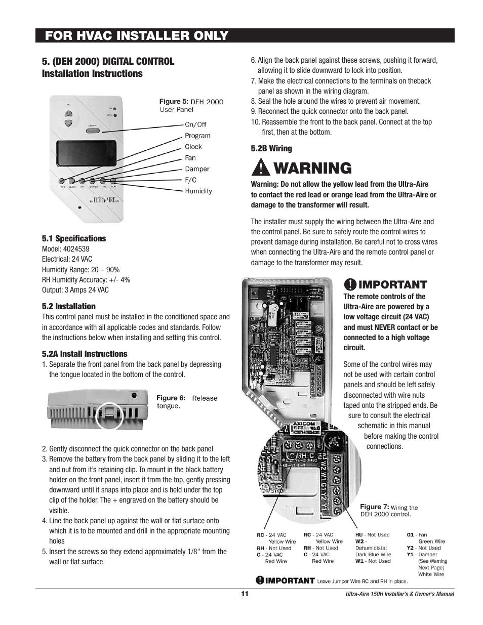 Warning, For hvac installer only, Important | Therma-Stor Products Group UA-150H User Manual | Page 11 / 28