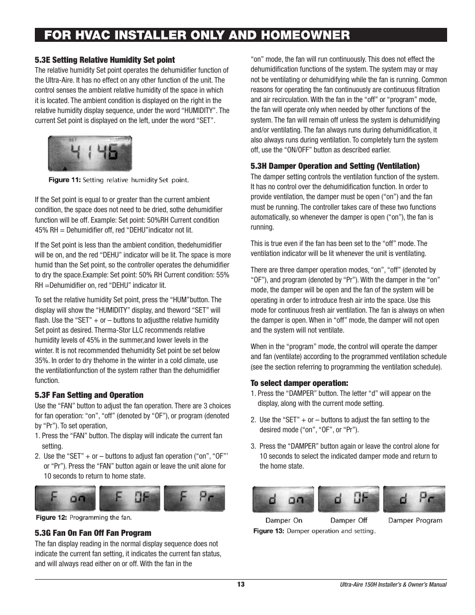 For hvac installer only and homeowner | Therma-Stor Products Group UA-150H User Manual | Page 13 / 28