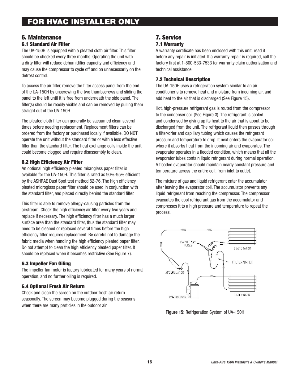 For hvac installer only, Maintenance, Service | Therma-Stor Products Group UA-150H User Manual | Page 15 / 28