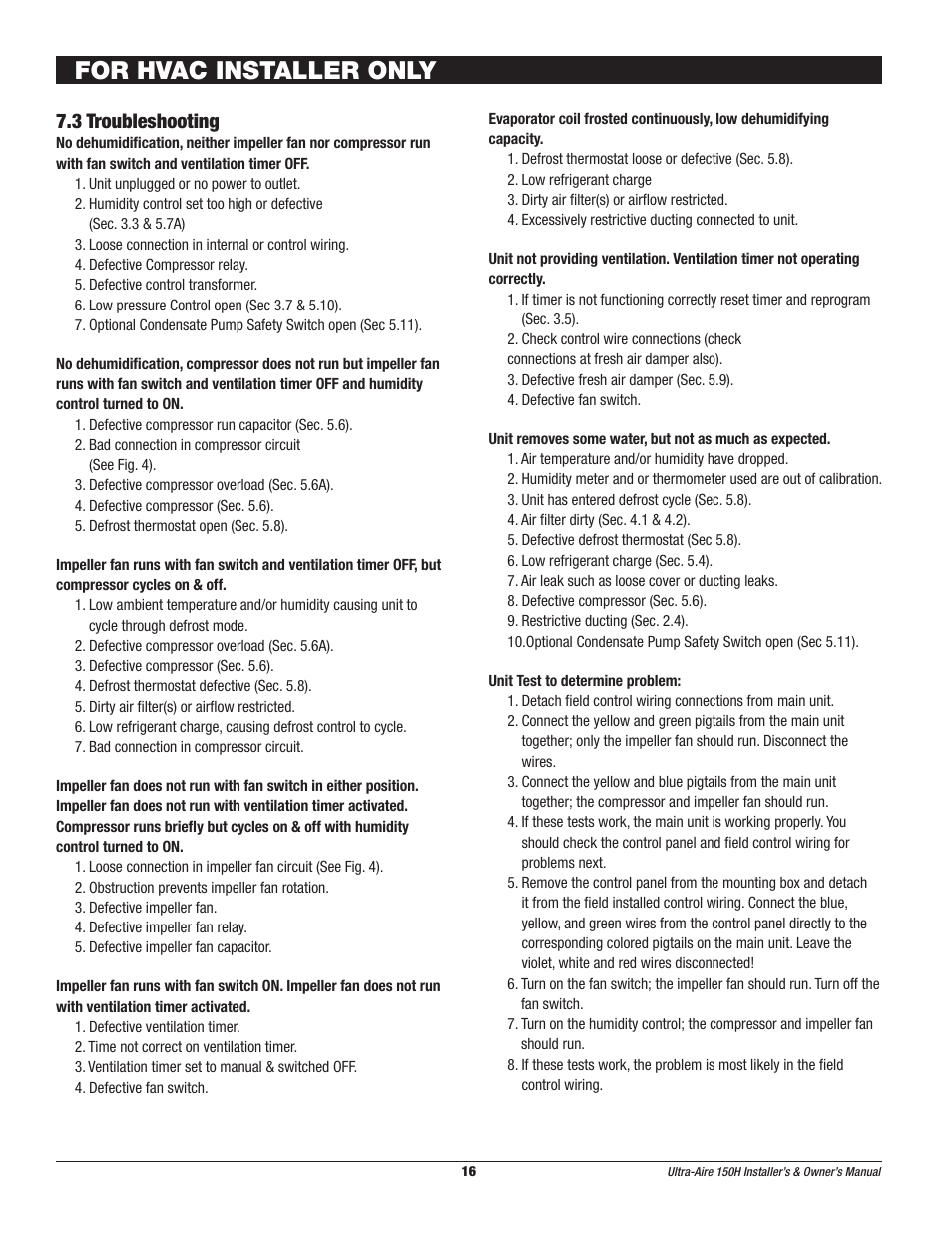 For hvac installer only, 3 troubleshooting | Therma-Stor Products Group UA-150H User Manual | Page 16 / 28