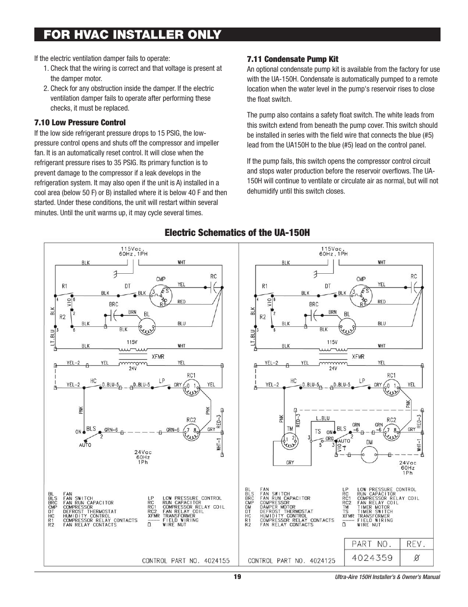 For hvac installer only, Electric schematics of the ua-150h | Therma-Stor Products Group UA-150H User Manual | Page 19 / 28