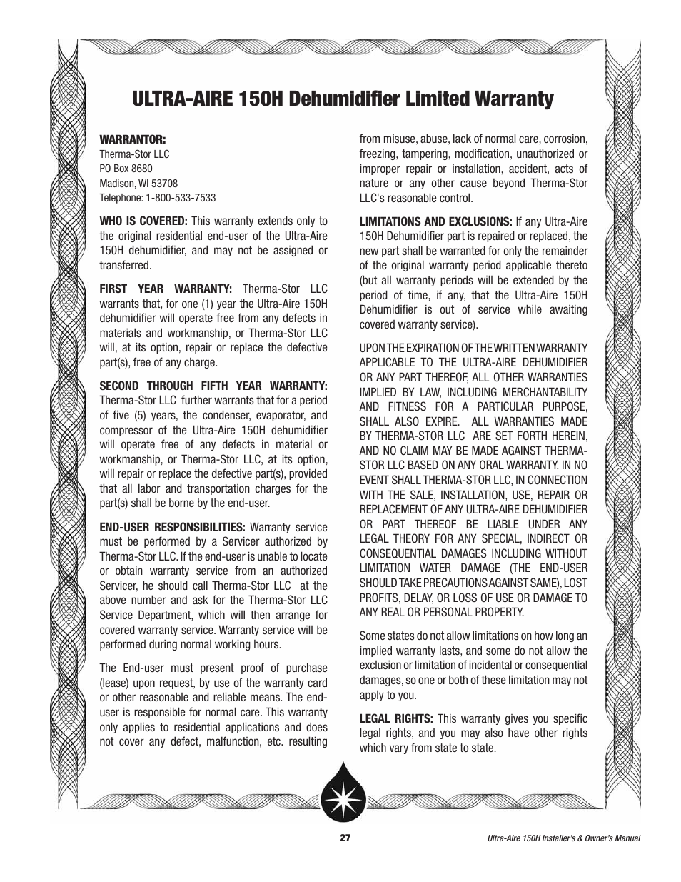 Ultra-aire 150h dehumidifier limited warranty | Therma-Stor Products Group UA-150H User Manual | Page 27 / 28