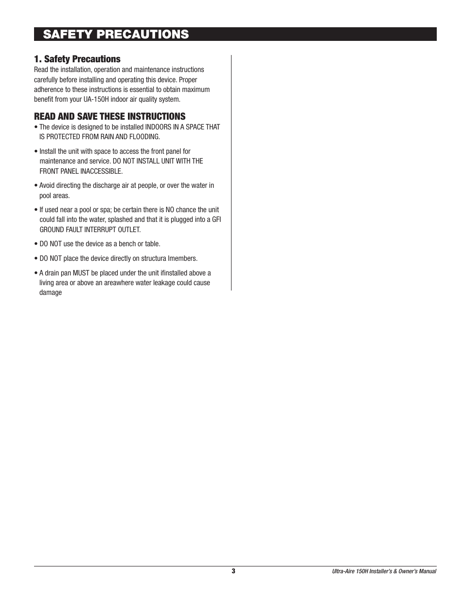 Safety precautions, Read and save these instructions | Therma-Stor Products Group UA-150H User Manual | Page 3 / 28