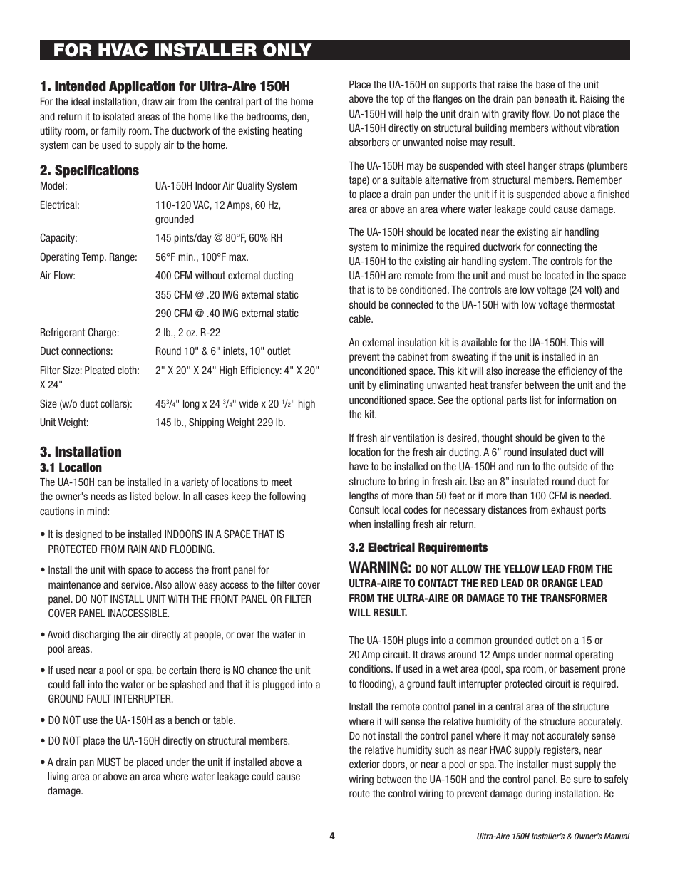 For hvac installer only, Warning, Intended application for ultra-aire 150h | Specifications, Installation | Therma-Stor Products Group UA-150H User Manual | Page 4 / 28
