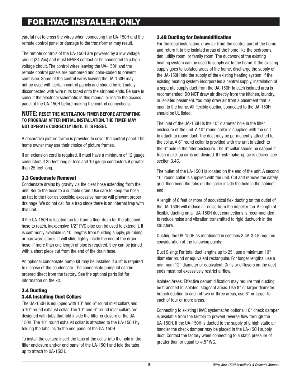 For hvac installer only | Therma-Stor Products Group UA-150H User Manual | Page 5 / 28