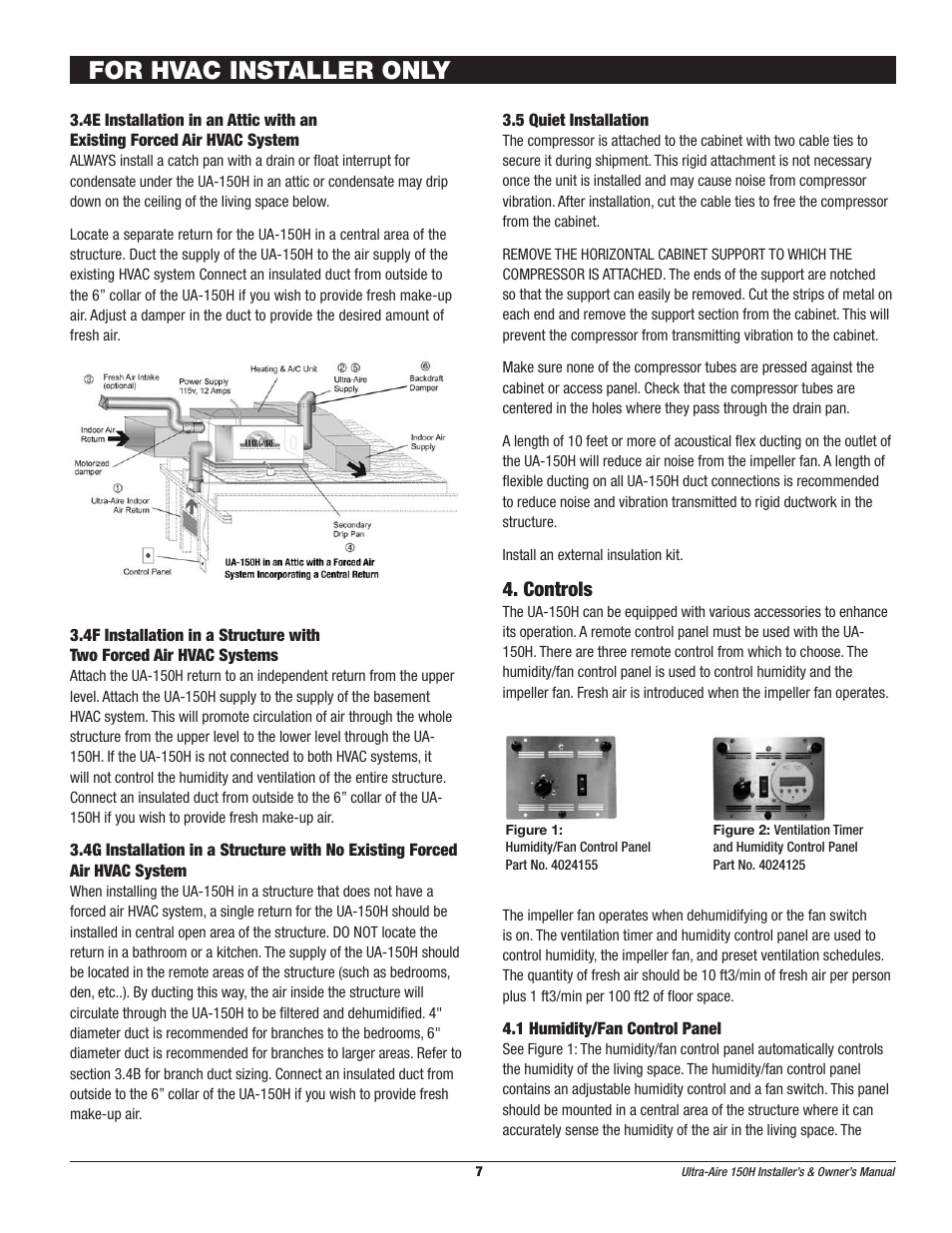 For hvac installer only, Controls | Therma-Stor Products Group UA-150H User Manual | Page 7 / 28