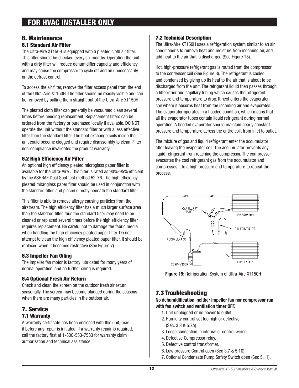 For hvac installer only, Maintenance, Service | 3 troubleshooting | Therma-Stor Products Group XT150H User Manual | Page 12 / 22