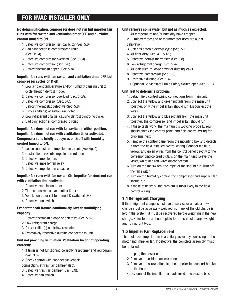 For hvac installer only | Therma-Stor Products Group XT150H User Manual | Page 13 / 22