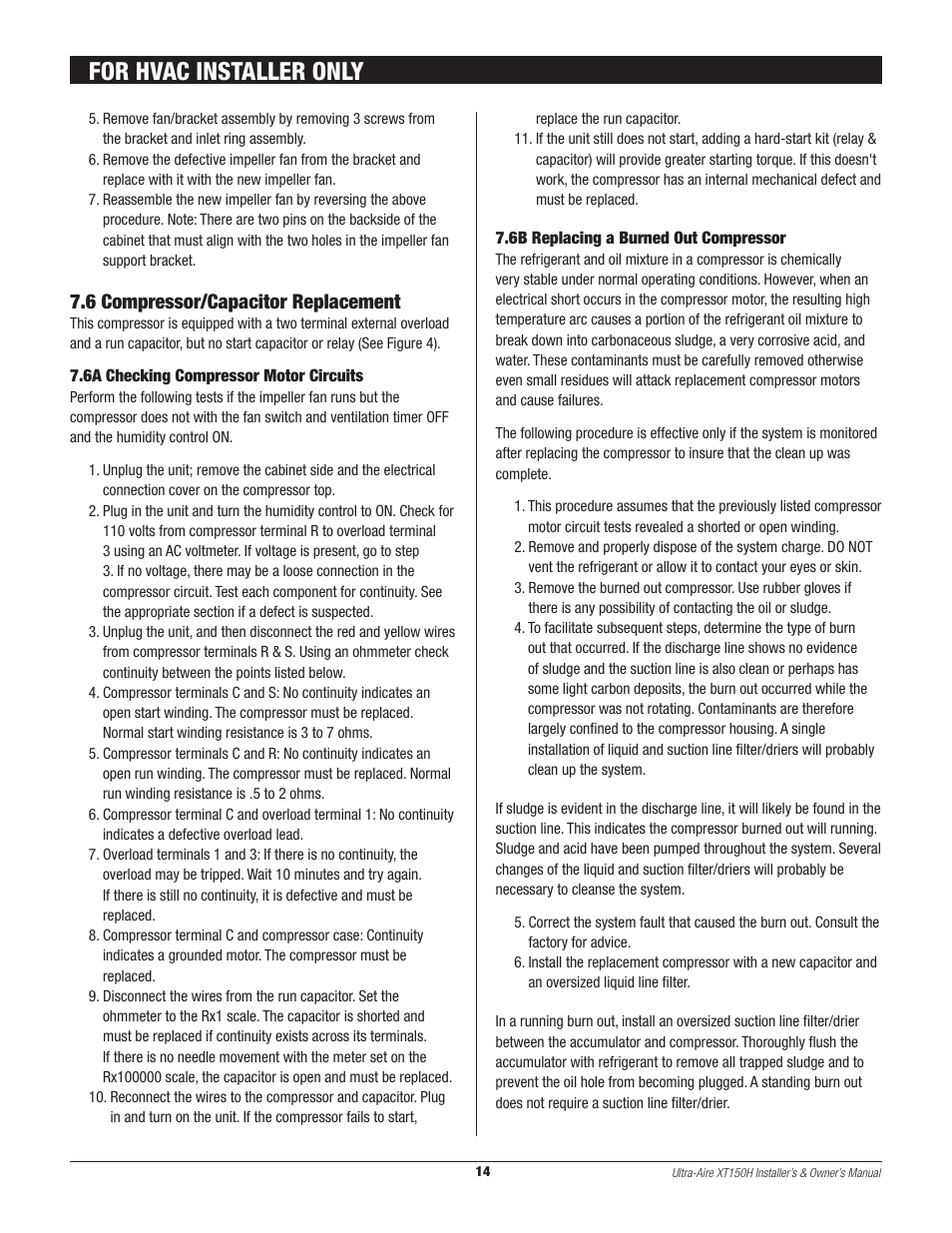 For hvac installer only, 6 compressor/capacitor replacement | Therma-Stor Products Group XT150H User Manual | Page 14 / 22