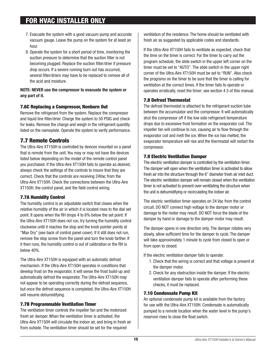 For hvac installer only, 7 remote controls | Therma-Stor Products Group XT150H User Manual | Page 15 / 22