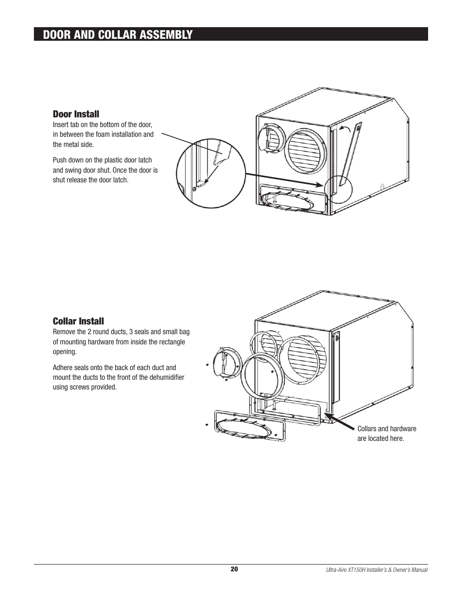 Door and collar assembly, Door install, Collar install | Therma-Stor Products Group XT150H User Manual | Page 20 / 22