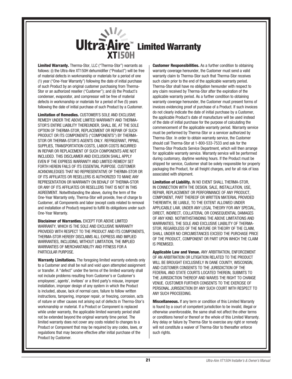 Limited warranty | Therma-Stor Products Group XT150H User Manual | Page 21 / 22