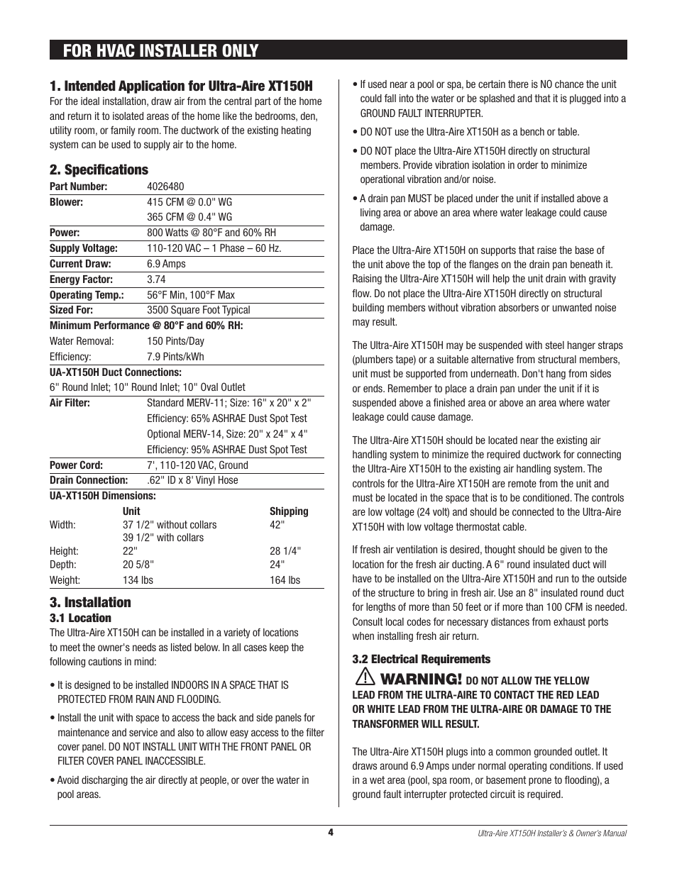 For hvac installer only, Warning, Intended application for ultra-aire xt150h | Specifications, Installation | Therma-Stor Products Group XT150H User Manual | Page 4 / 22