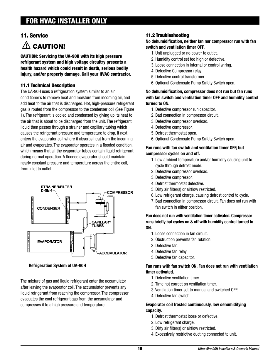 For hvac installer only, Caution, Service | Therma-Stor Products Group 90H User Manual | Page 16 / 21