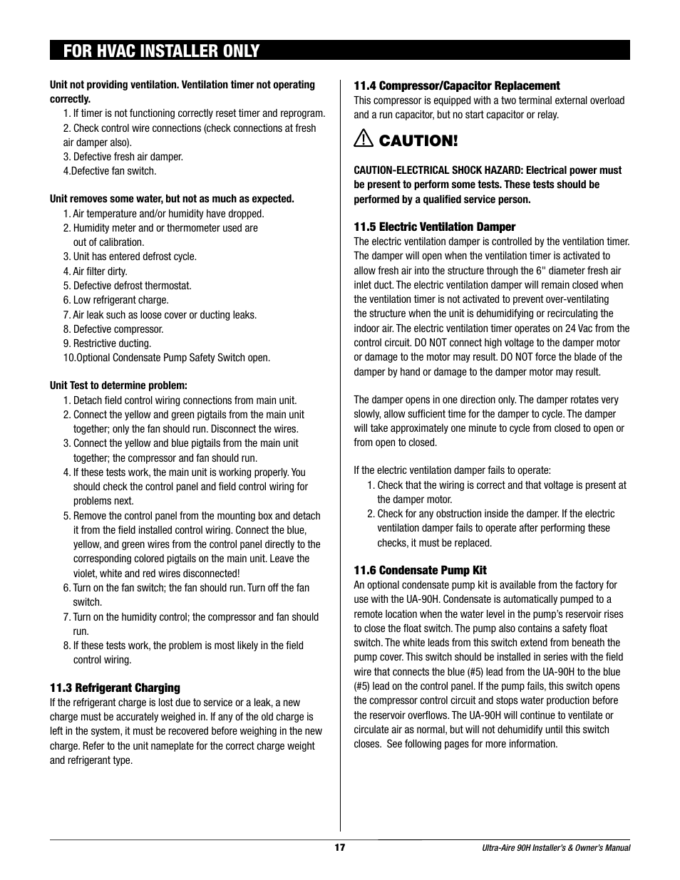 For hvac installer only, Caution | Therma-Stor Products Group 90H User Manual | Page 17 / 21