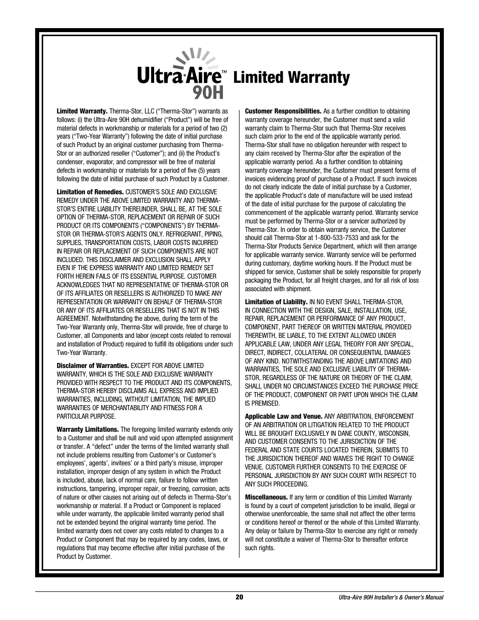 Limited warranty | Therma-Stor Products Group 90H User Manual | Page 20 / 21