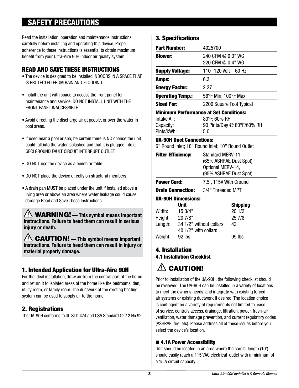 Safety precautions, Warning, Caution | Therma-Stor Products Group 90H User Manual | Page 3 / 21